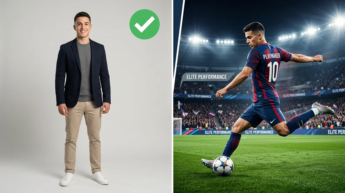 Comparison guide showing ideal studio portrait with clear lighting and full body framing