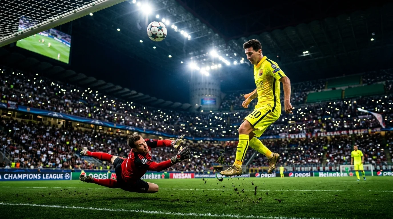 Cinematic view of a football playmaker executing the iconic chip shot over a diving goalkeeper under floodlights